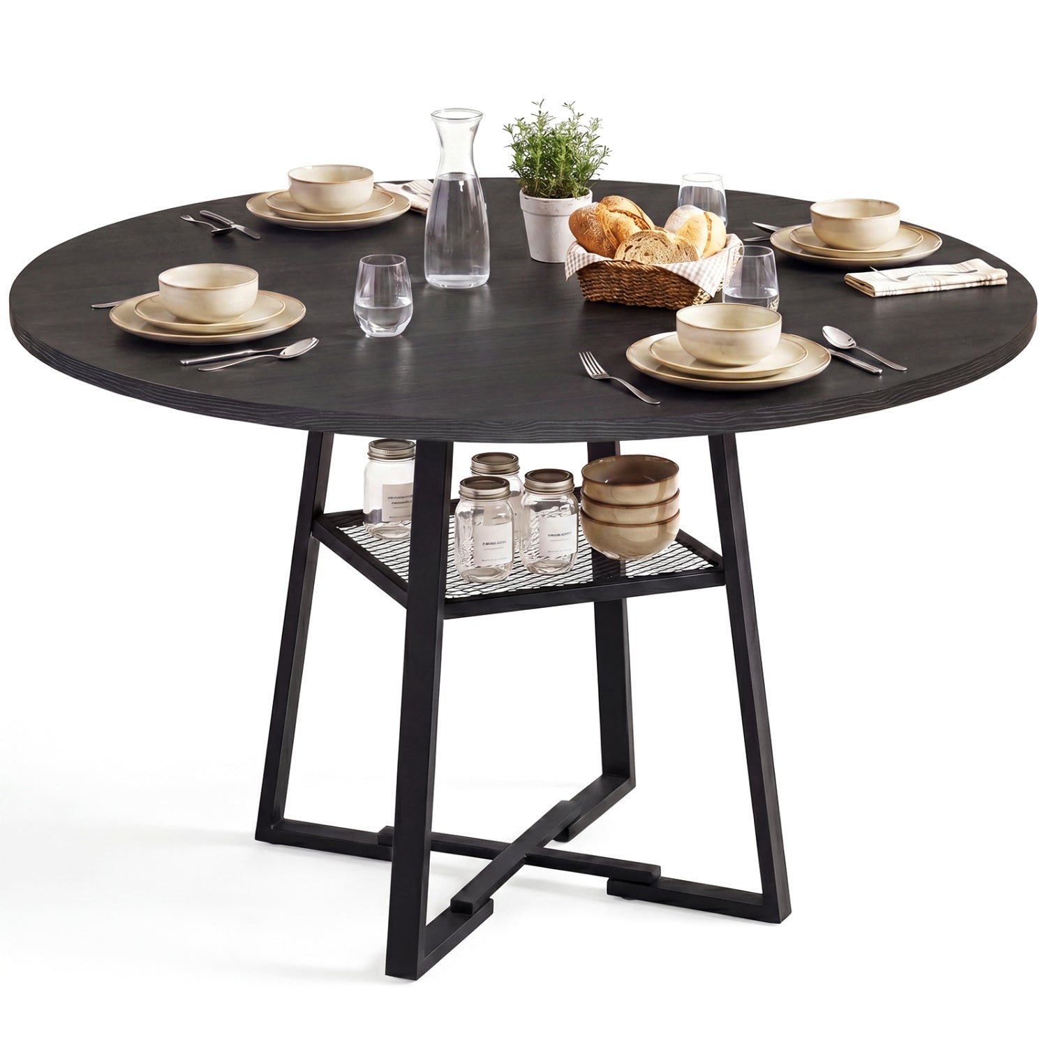 Round Dining Table For 4-6, With Storage Shelf And Metal Legs, Black Dining Tables at Gallery Canada