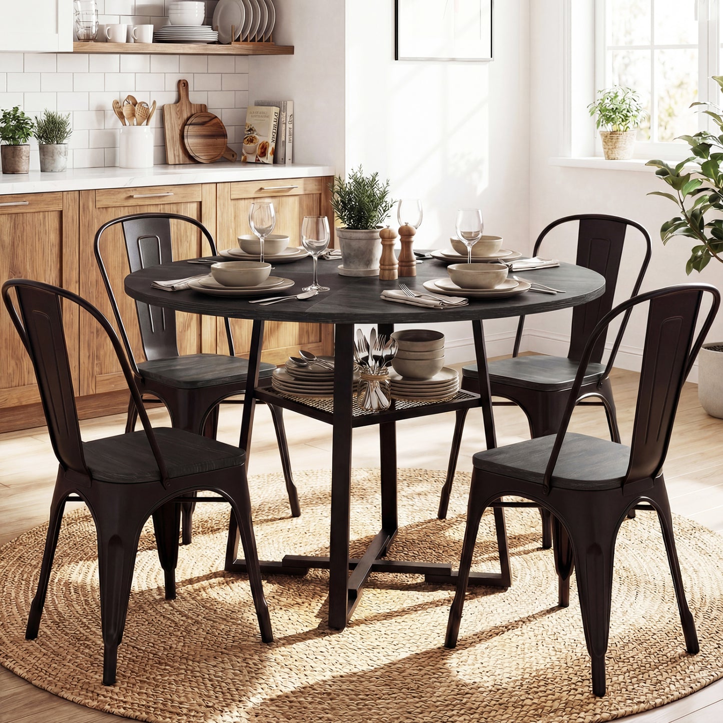 Round Dining Table For 4-6, With Storage Shelf And Metal Legs, Black Dining Tables at Gallery Canada