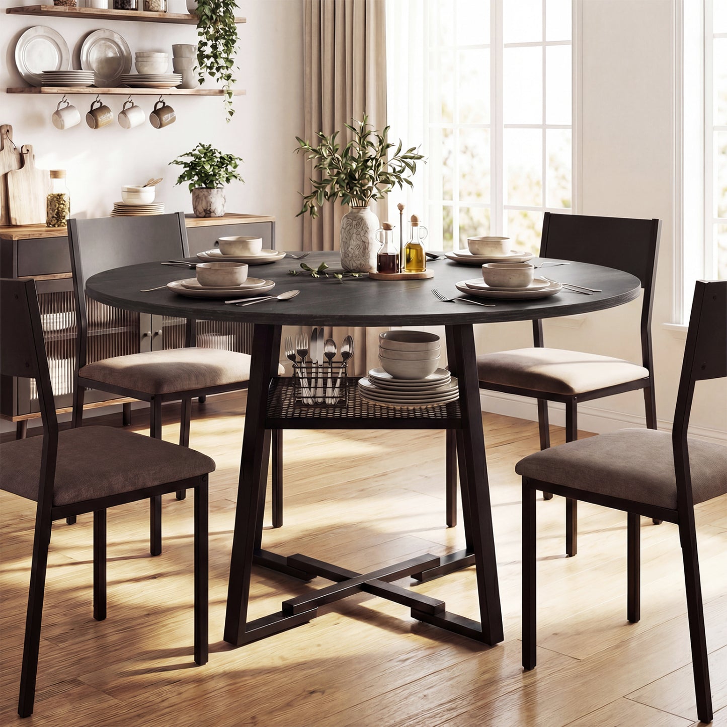 Round Dining Table For 4-6, With Storage Shelf And Metal Legs, Black Dining Tables at Gallery Canada