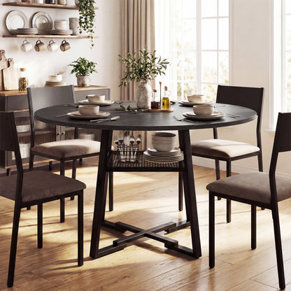 Round Dining Table For 4-6, With Storage Shelf And Metal Legs, Black Dining Tables at Gallery Canada