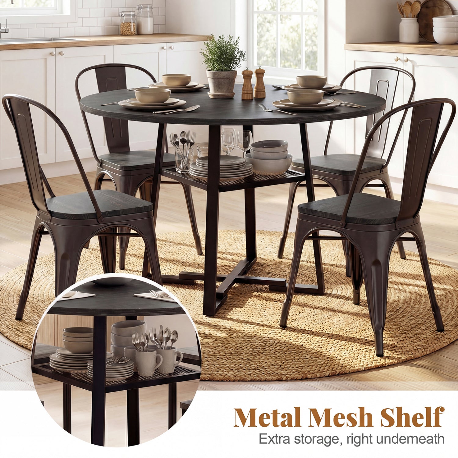 Round Dining Table For 4-6, With Storage Shelf And Metal Legs, Black Dining Tables at Gallery Canada