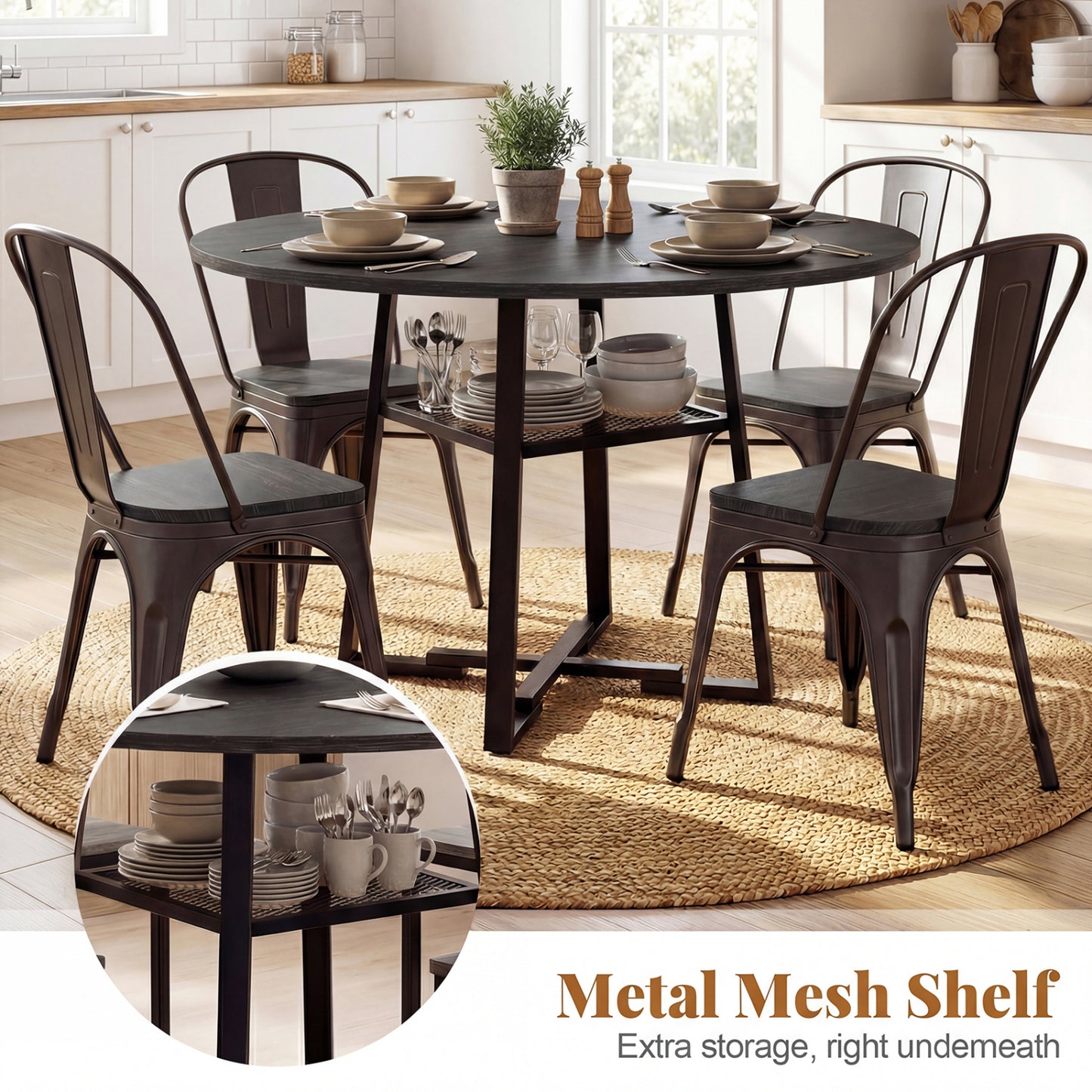 Round Dining Table For 4-6, With Storage Shelf And Metal Legs, Black Dining Tables at Gallery Canada