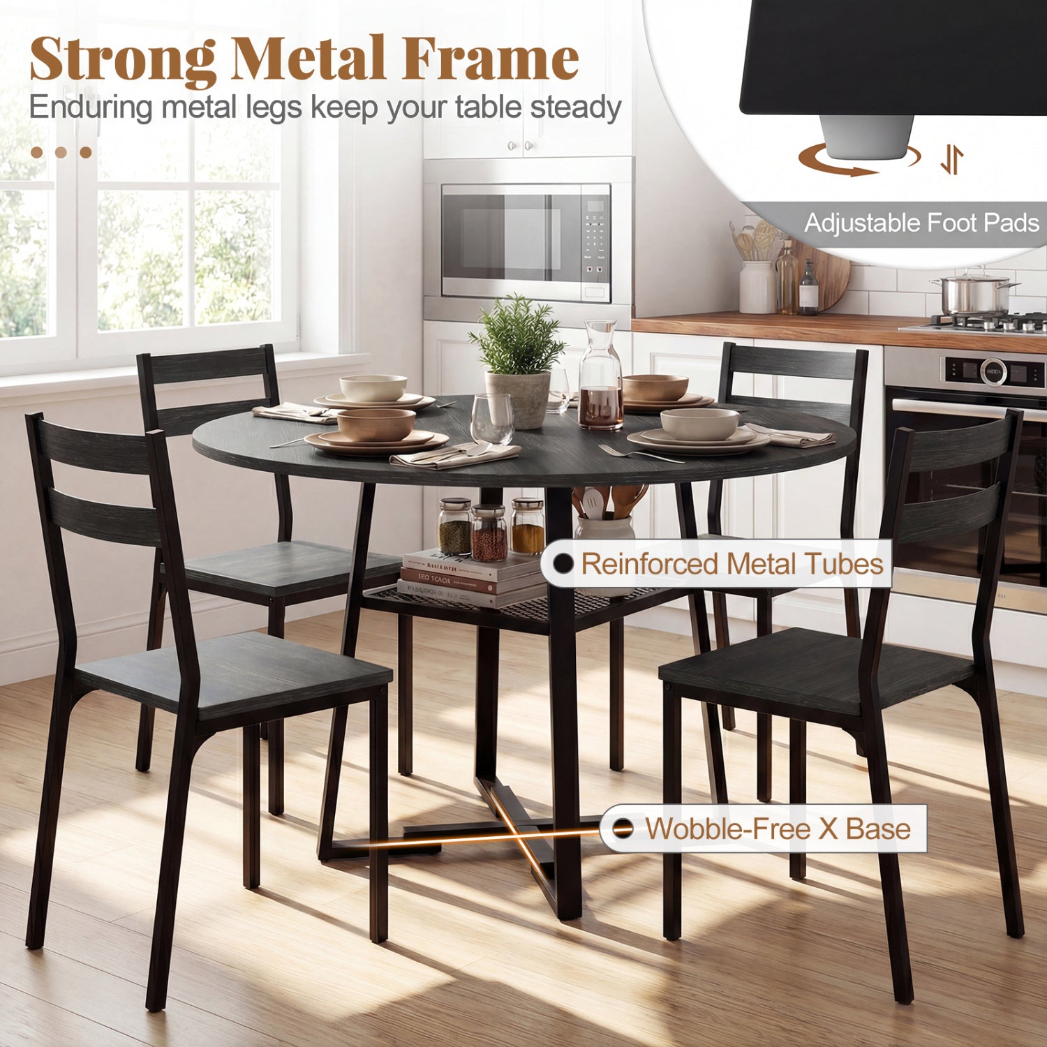 Round Dining Table For 4-6, With Storage Shelf And Metal Legs, Black Dining Tables at Gallery Canada