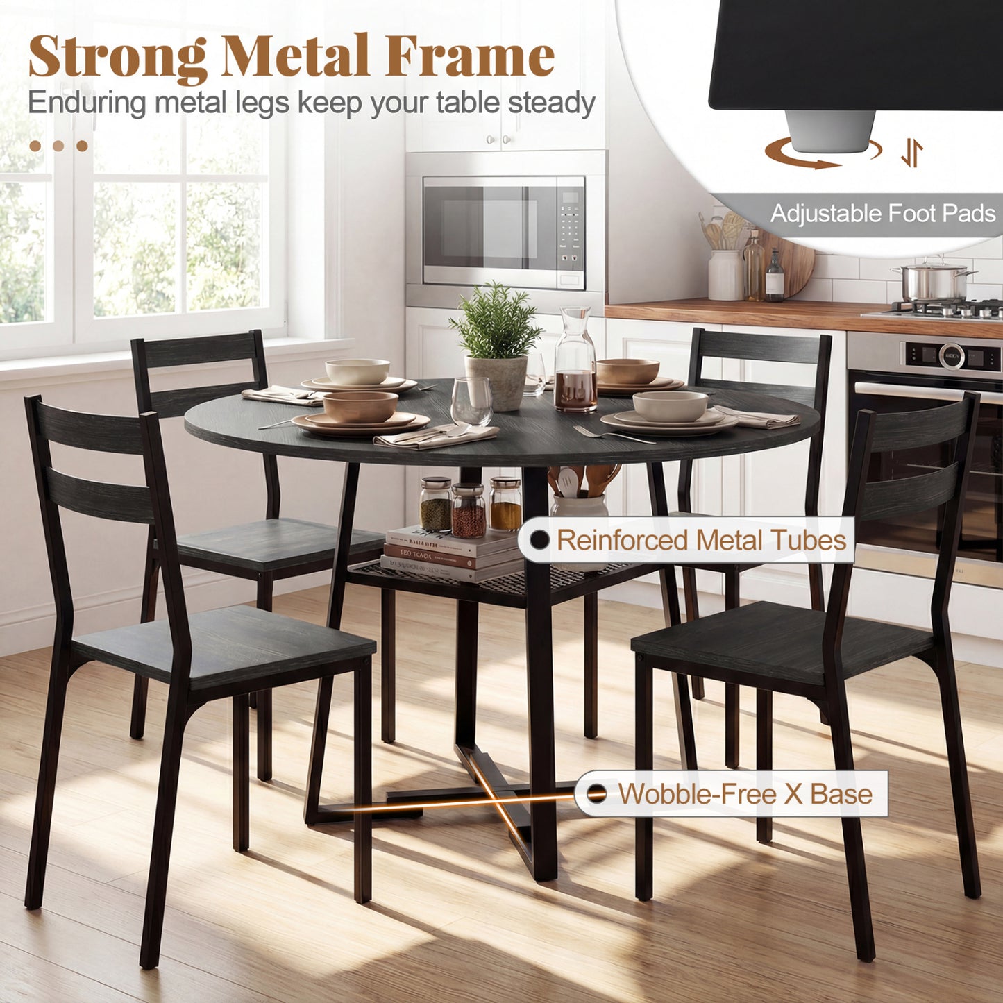 Round Dining Table For 4-6, With Storage Shelf And Metal Legs, Black Dining Tables at Gallery Canada
