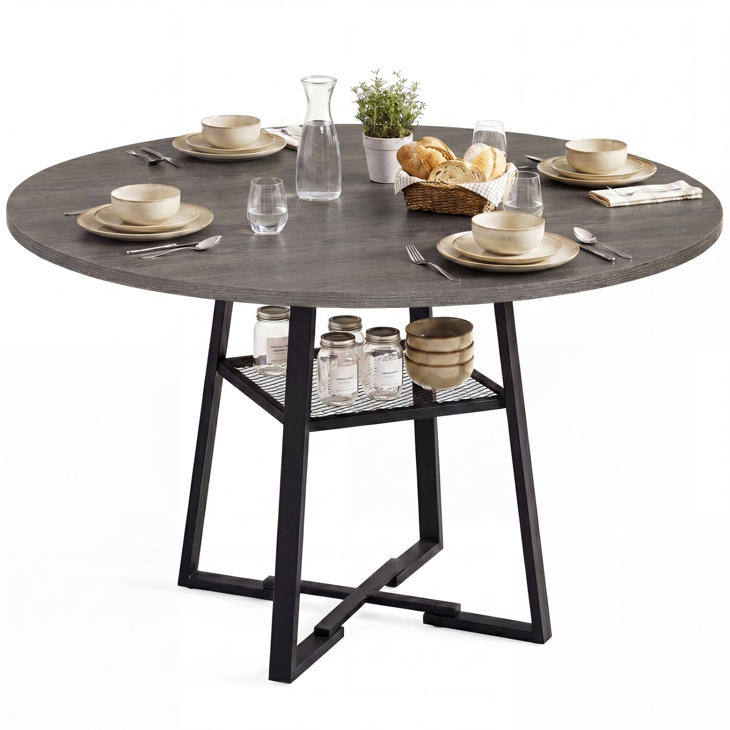 Round Dining Table For 4-6, With Storage Shelf And Metal Legs, Gray Dining Tables Gray at Gallery Canada