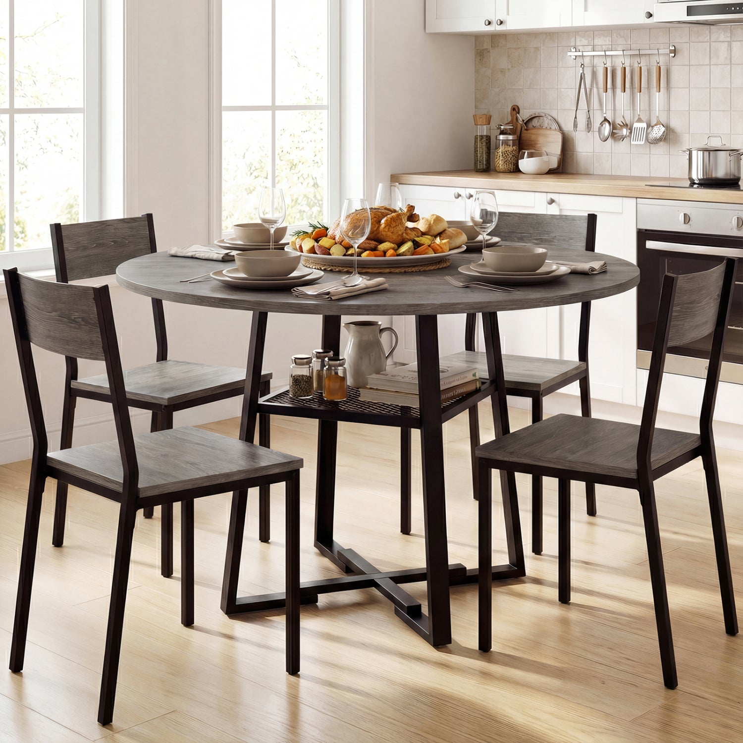 Round Dining Table For 4-6, With Storage Shelf And Metal Legs, Gray Dining Tables at Gallery Canada