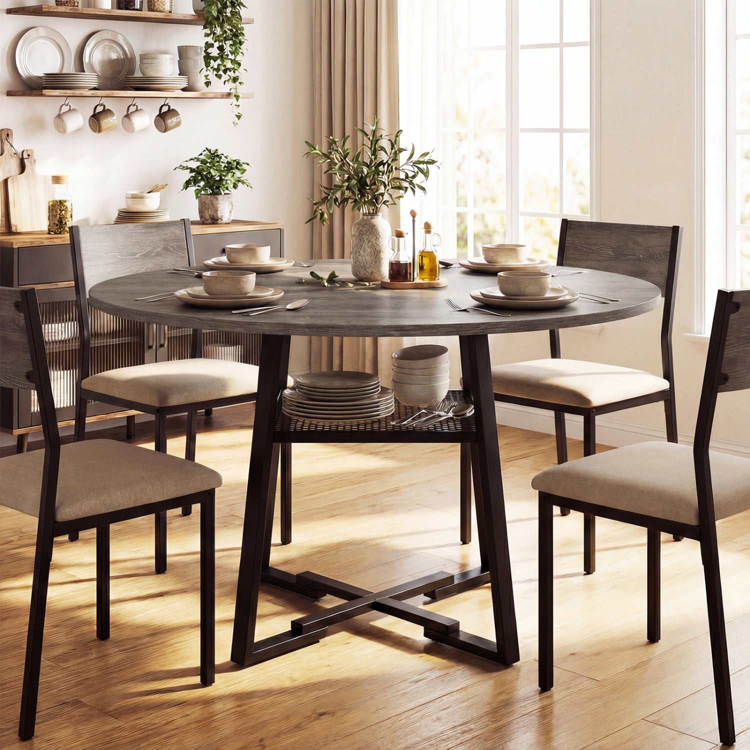Round Dining Table For 4-6, With Storage Shelf And Metal Legs, Gray Dining Tables at Gallery Canada
