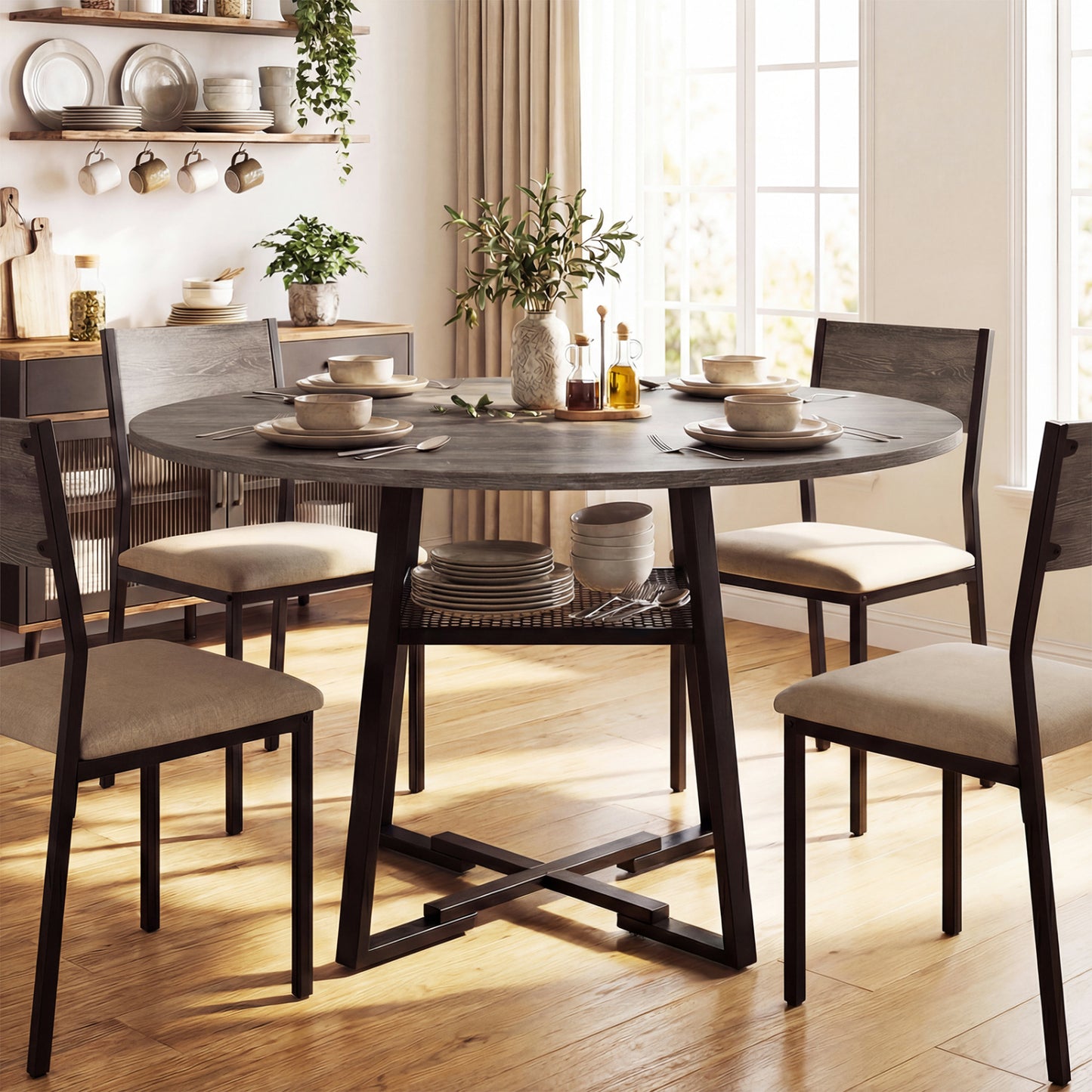 Round Dining Table For 4-6, With Storage Shelf And Metal Legs, Gray Dining Tables at Gallery Canada