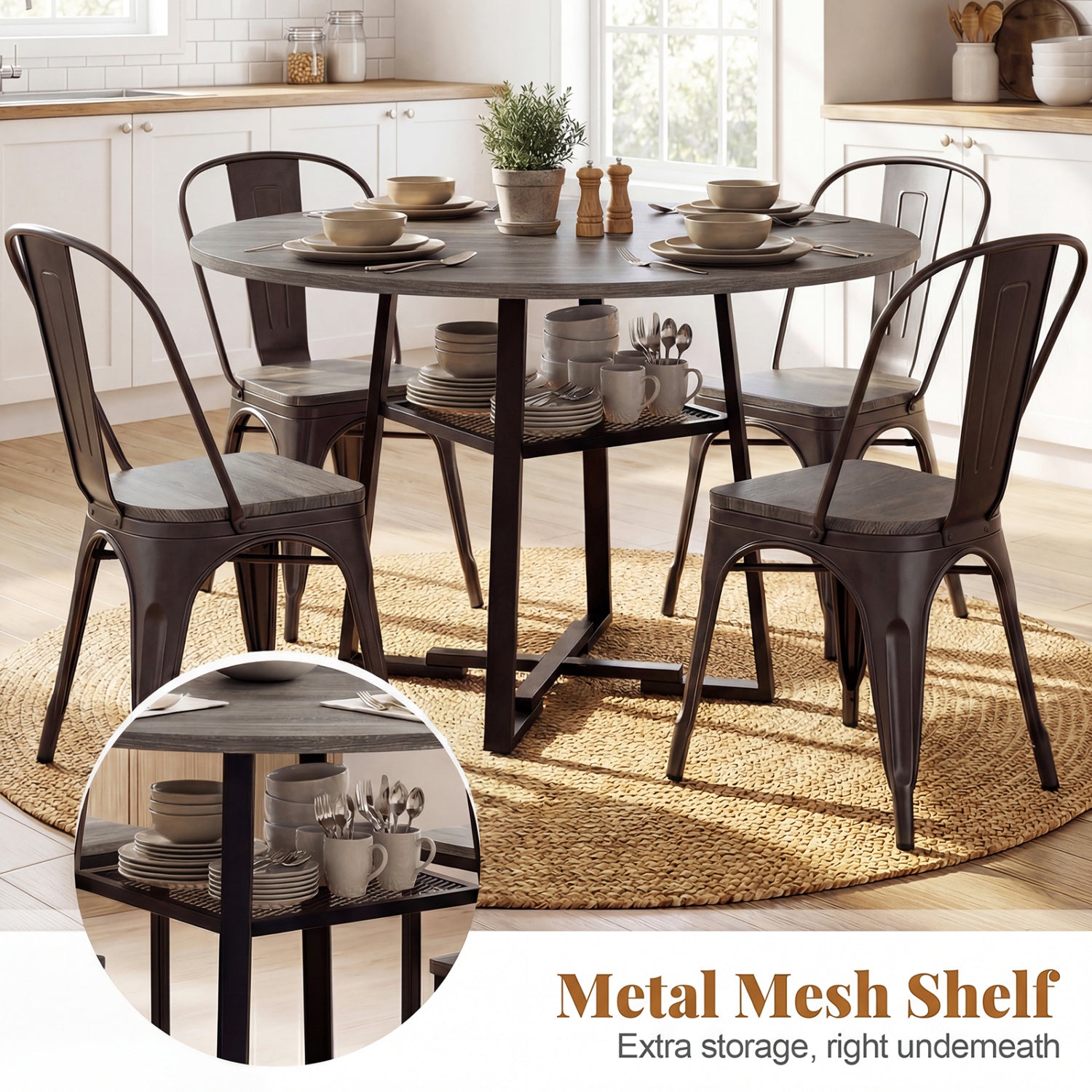 Round Dining Table For 4-6, With Storage Shelf And Metal Legs, Gray Dining Tables at Gallery Canada