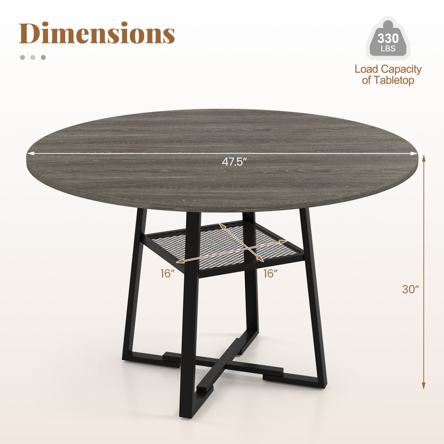 Round Dining Table For 4-6, With Storage Shelf And Metal Legs, Gray Dining Tables at Gallery Canada