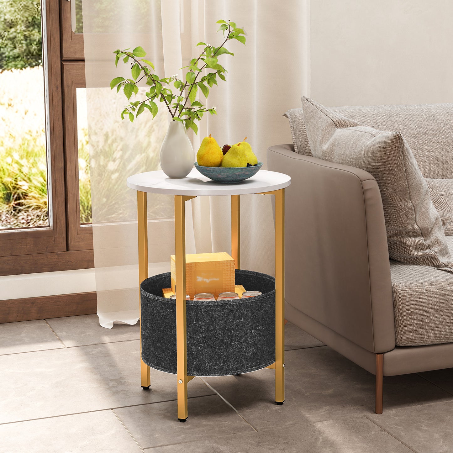 Round End Table 2-Tier Side Table with Removable Fabric Basket and Metal Frame, White Living Room at Gallery Canada