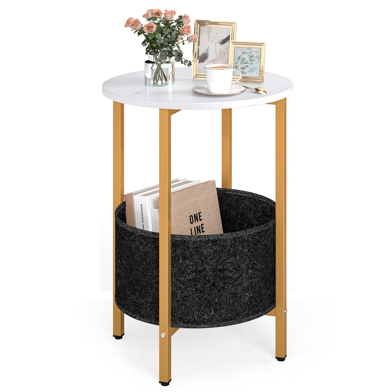 Round End Table 2-Tier Side Table with Removable Fabric Basket and Metal Frame, White Living Room at Gallery Canada