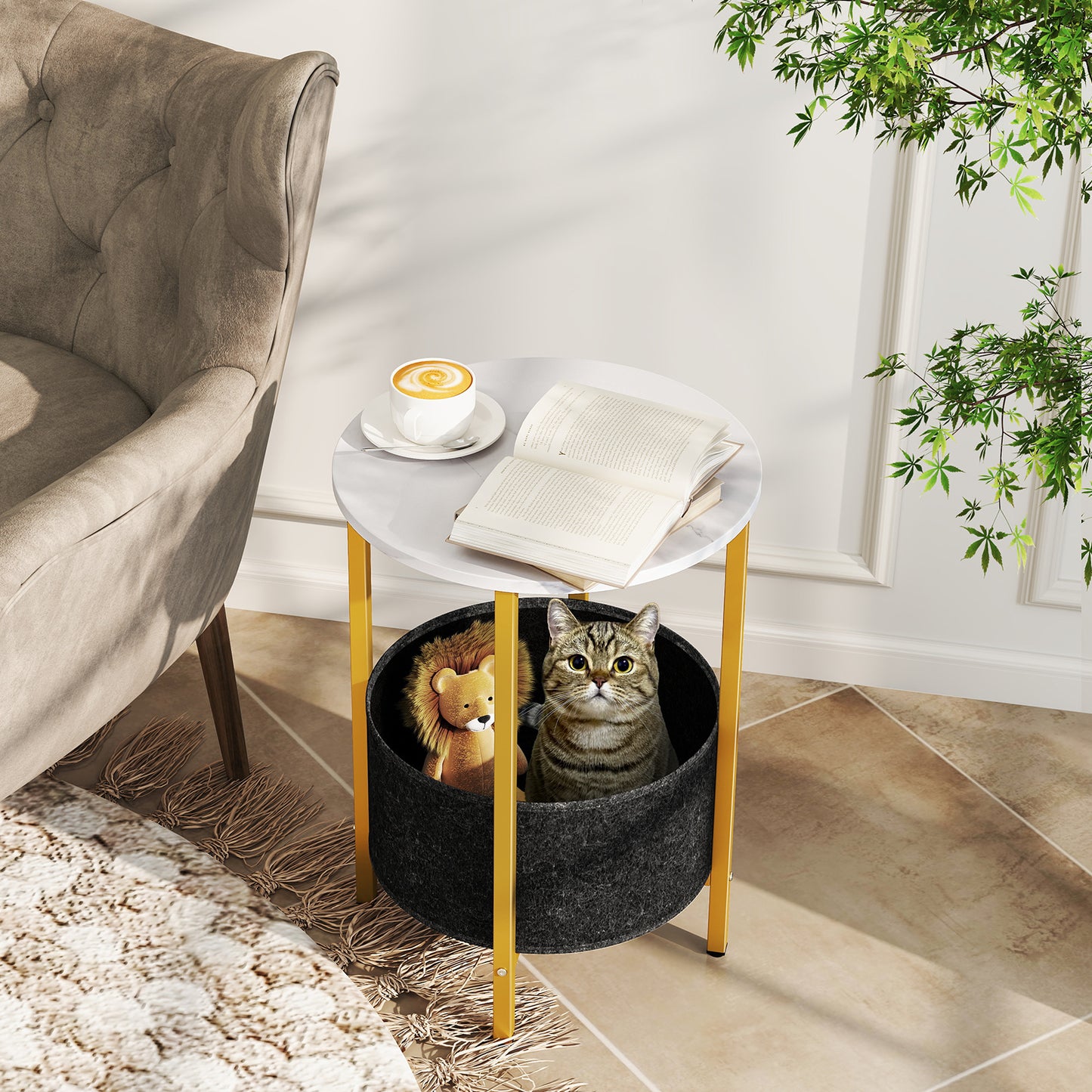 Round End Table 2-Tier Side Table with Removable Fabric Basket and Metal Frame, White Living Room at Gallery Canada