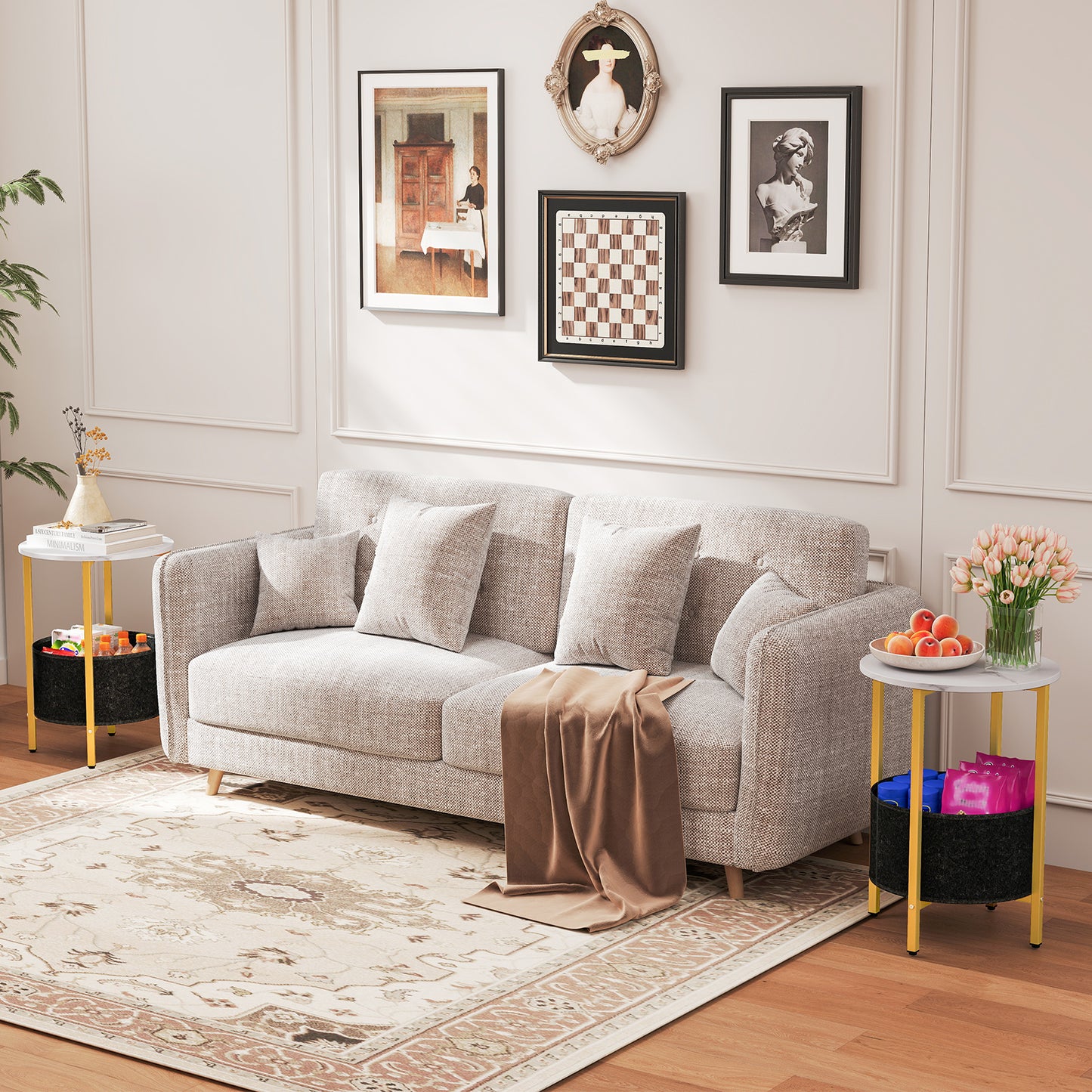 Round End Table 2-Tier Side Table with Removable Fabric Basket and Metal Frame, White Living Room at Gallery Canada