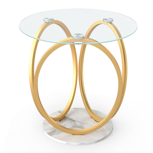 Round End Table, Faux Marble Side Table, Tempered Glass Top, Gold