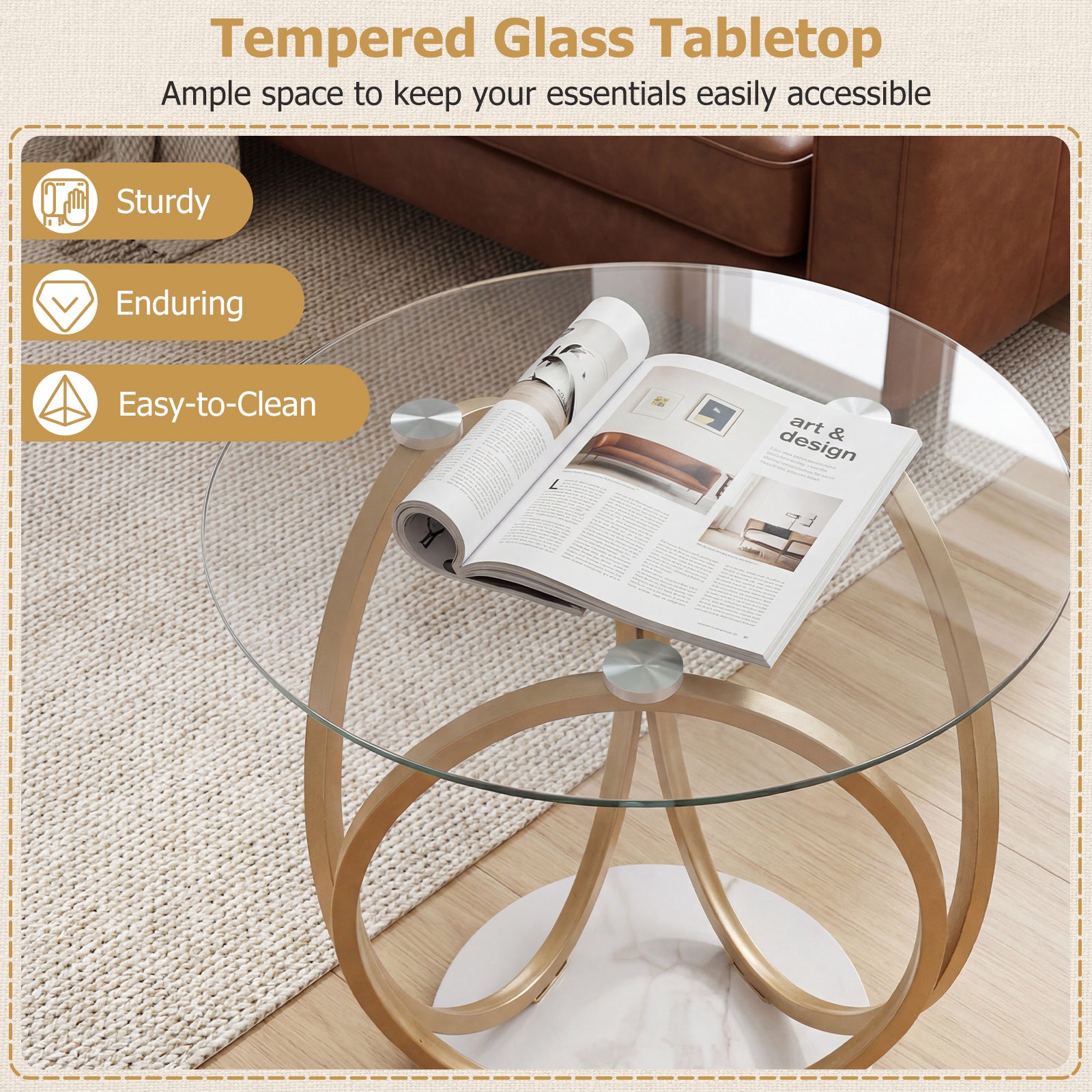 Round End Table, Faux Marble Side Table, Tempered Glass Top, Gold End & Side Tables at Gallery Canada
