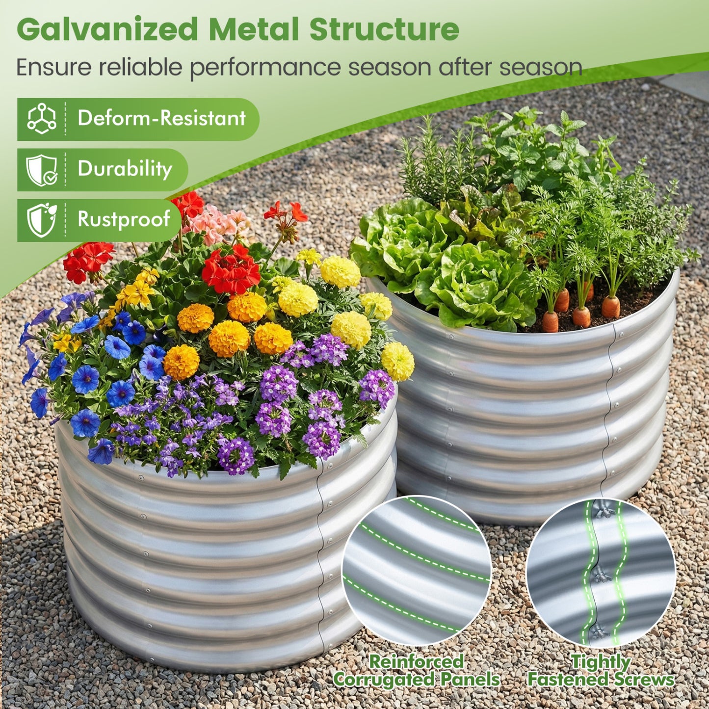 Round Galvanized Raised Garden Bed, Open-Ended Base, Silver Raised Garden Beds at Gallery Canada