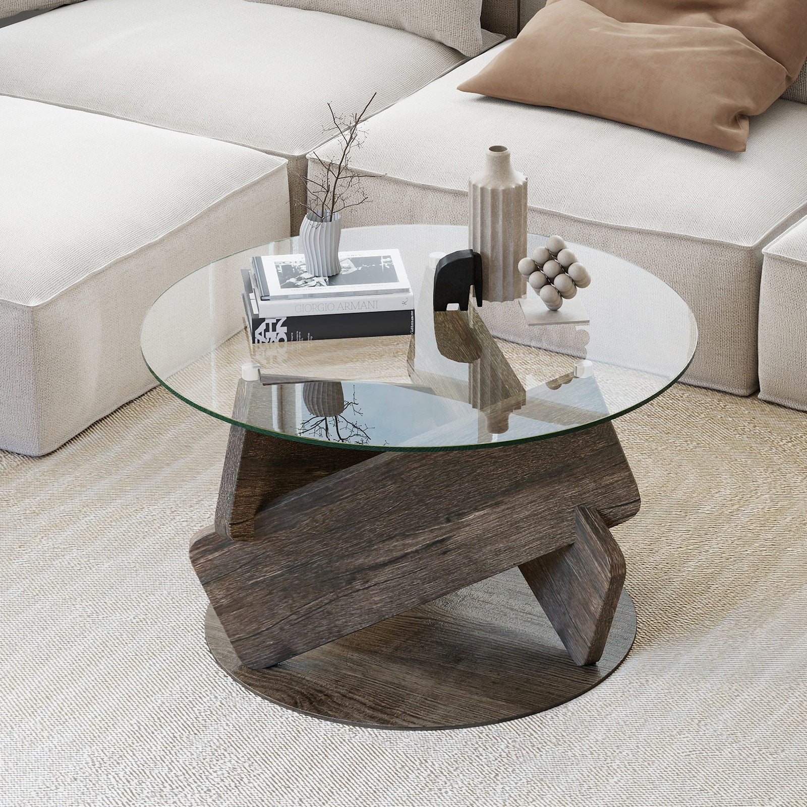 Round Glass Coffee Table 32 Inch Modern Center Table with Tempered Glass Top, Gray End & Side Tables at Gallery Canada