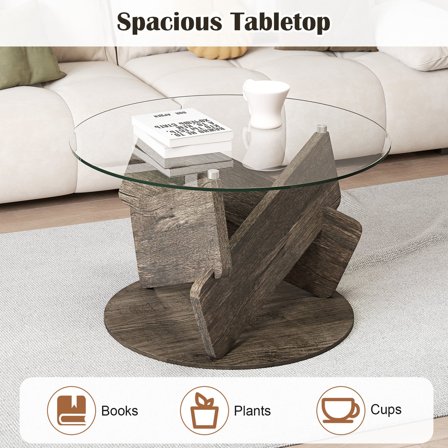 Round Glass Coffee Table 32 Inch Modern Center Table with Tempered Glass Top, Gray End & Side Tables at Gallery Canada