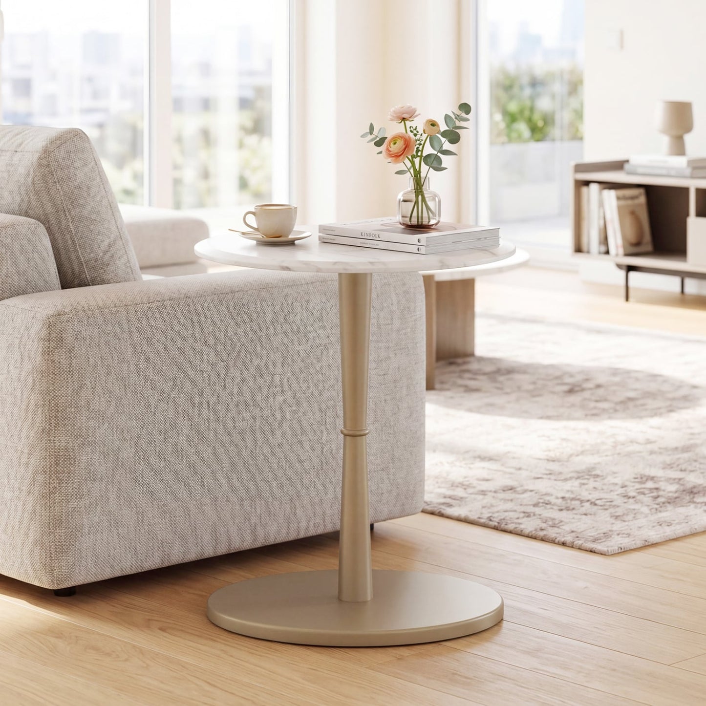 Round Marble Side Table with Stone Finish and Wooden Base for Small Spaces-White and Gold, White & Golden End & Side Tables at Gallery Canada