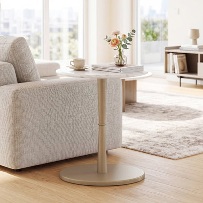Round Marble Side Table with Stone Finish and Wooden Base for Small Spaces-White and Gold, White & Golden End & Side Tables at Gallery Canada