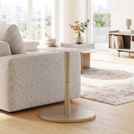Round Marble Side Table with Stone Finish and Wooden Base for Small Spaces-White and Gold, White & Golden End & Side Tables White & Golden at Gallery Canada