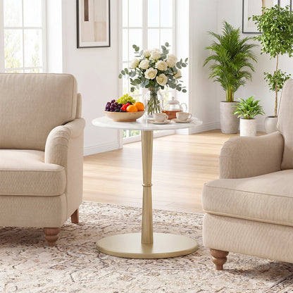 Round Marble Side Table with Stone Finish and Wooden Base for Small Spaces-White and Gold, White & Golden End & Side Tables at Gallery Canada