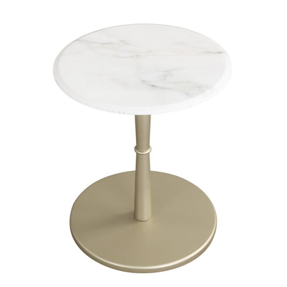 Round Marble Side Table with Stone Finish and Wooden Base for Small Spaces-White and Gold, White & Golden End & Side Tables White & Golden at Gallery Canada