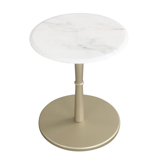 Round Marble Side Table with Stone Finish and Wooden Base for Small Spaces-White and Gold, White & Golden End & Side Tables White & Golden at Gallery Canada