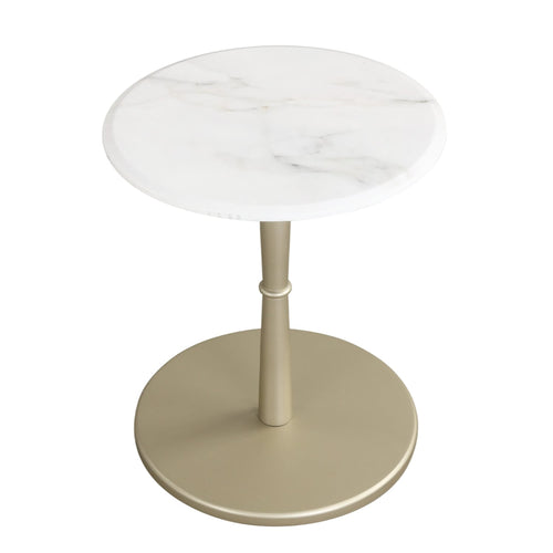 Round Marble Side Table with Stone Finish and Wooden Base for Small Spaces-White and Gold, White & Golden