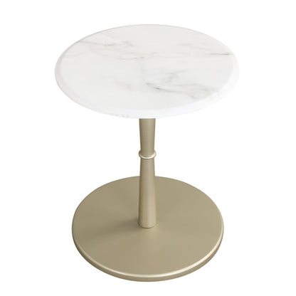 Round Marble Side Table with Stone Finish and Wooden Base for Small Spaces-White and Gold, White & Golden End & Side Tables White & Golden at Gallery Canada