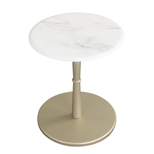 Round Marble Side Table with Stone Finish and Wooden Base for Small Spaces-White and Gold, White & Golden End & Side Tables White & Golden at Gallery Canada