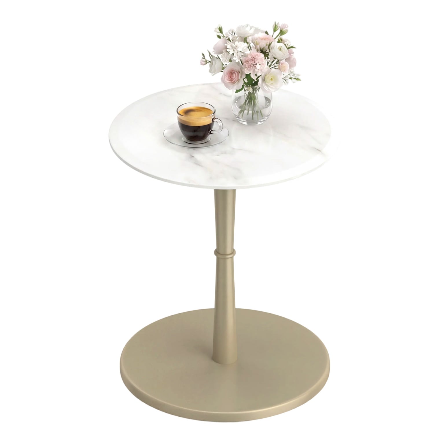 Round Marble Side Table with Stone Finish and Wooden Base for Small Spaces-White and Gold, White & Golden End & Side Tables at Gallery Canada