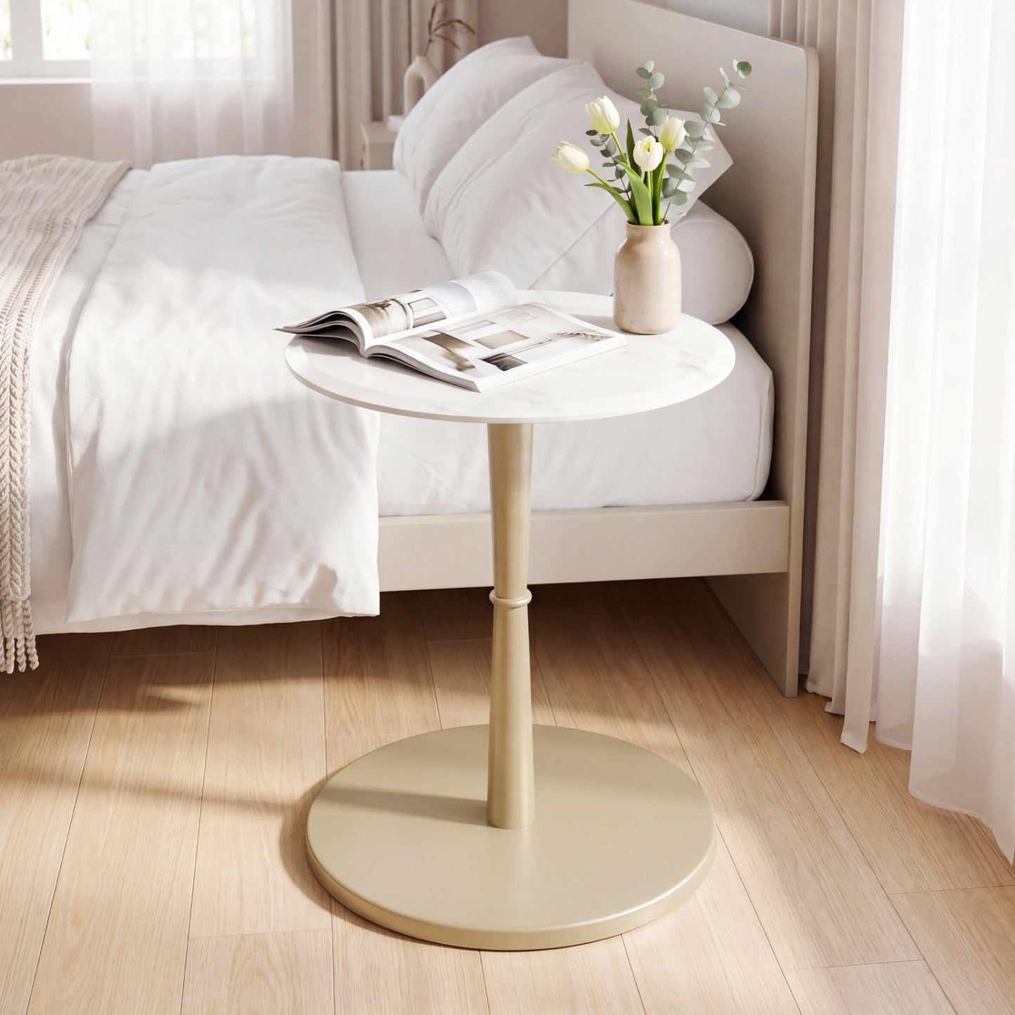 Round Marble Side Table with Stone Finish and Wooden Base for Small Spaces-White and Gold, White & Golden End & Side Tables at Gallery Canada