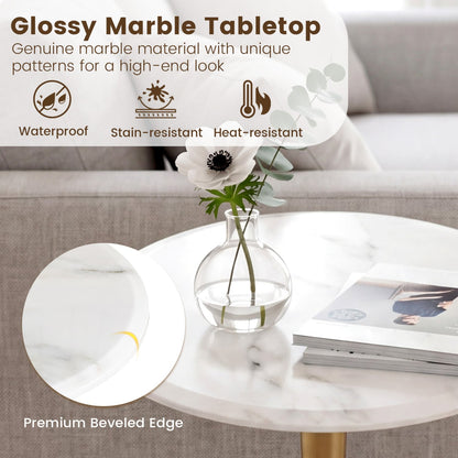 Round Marble Side Table with Stone Finish and Wooden Base for Small Spaces-White and Gold, White & Golden End & Side Tables at Gallery Canada