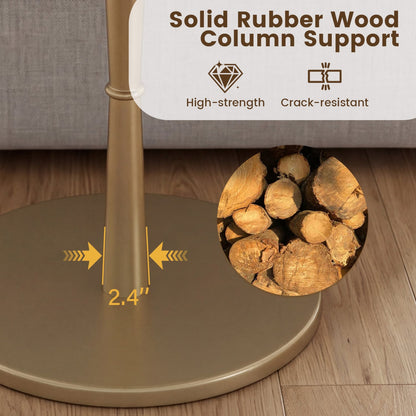 Round Marble Side Table with Stone Finish and Wooden Base for Small Spaces-White and Gold, White & Golden End & Side Tables at Gallery Canada