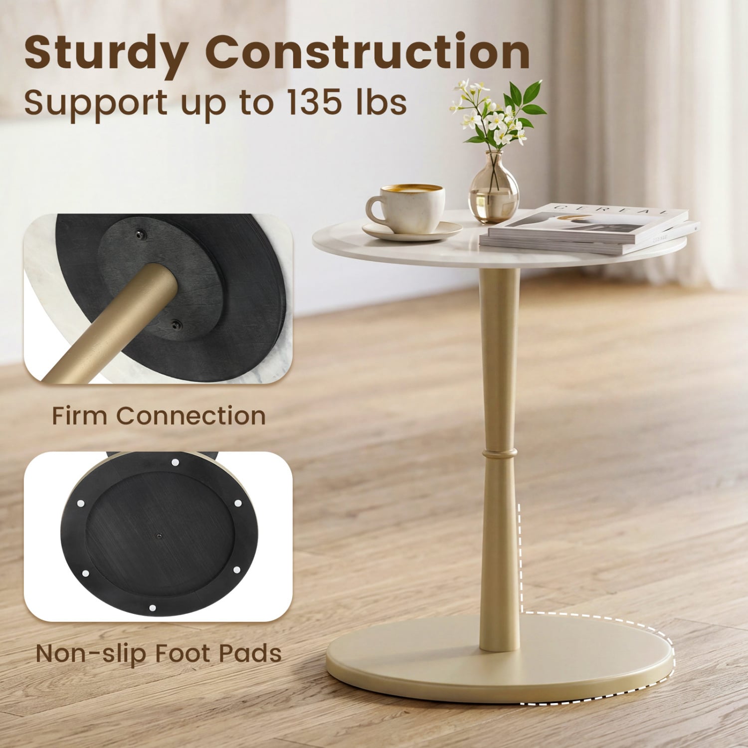 Round Marble Side Table with Stone Finish and Wooden Base for Small Spaces-White and Gold, White & Golden End & Side Tables at Gallery Canada