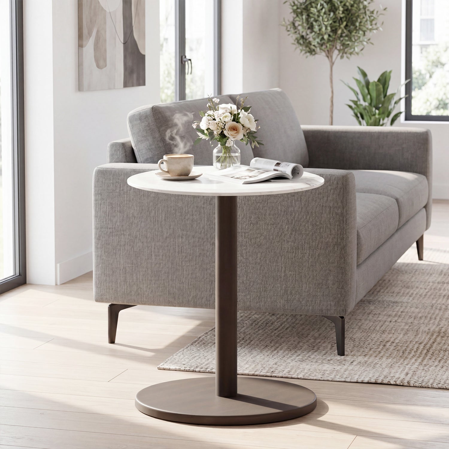 Round Marble Side Table with Stone Finish, Black & White End & Side Tables at Gallery Canada