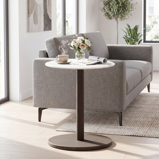 Round Marble Side Table with Stone Finish, Black & White End & Side Tables Black & White at Gallery Canada
