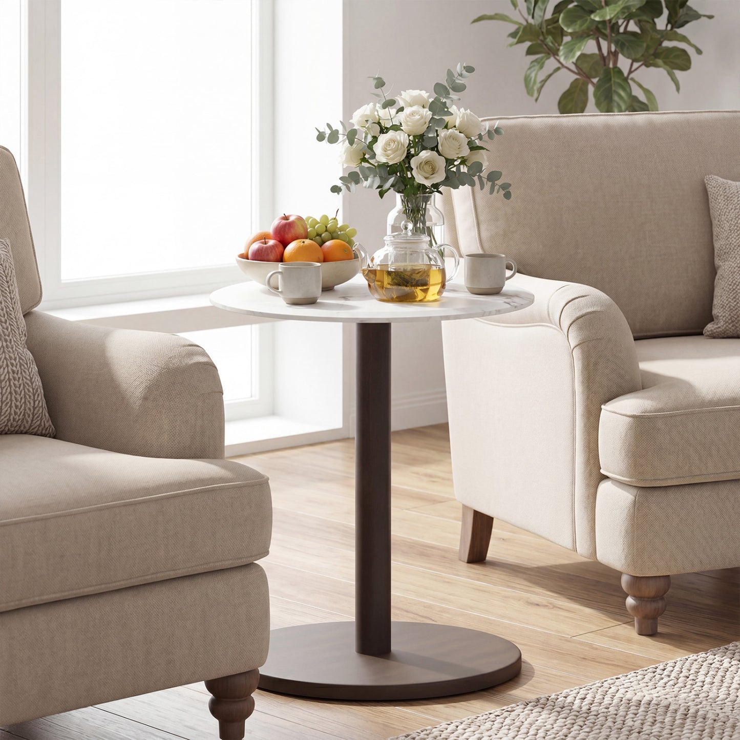 Round Marble Side Table with Stone Finish, Black & White End & Side Tables at Gallery Canada