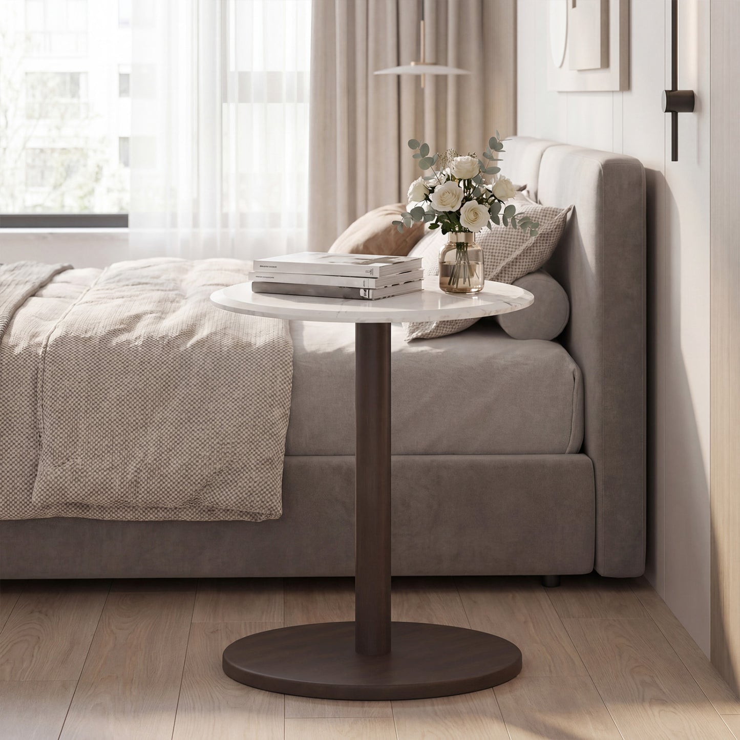 Round Marble Side Table with Stone Finish, Black & White End & Side Tables at Gallery Canada