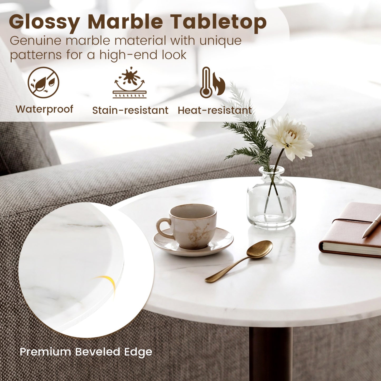 Round Marble Side Table with Stone Finish, Black & White End & Side Tables at Gallery Canada