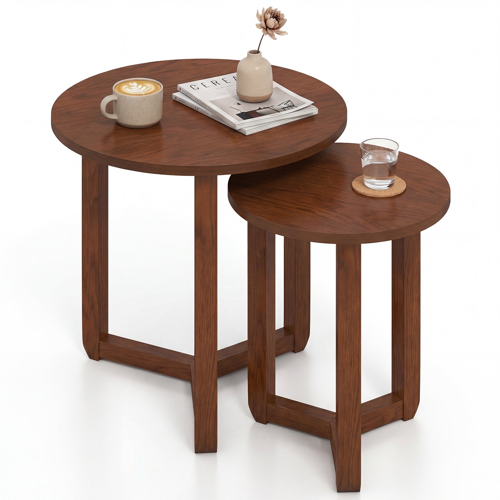 Round Nesting Coffee Table Set, 2 Wood End Tables, Thickened Top, Walnut Coffee Tables Walnut at Gallery Canada