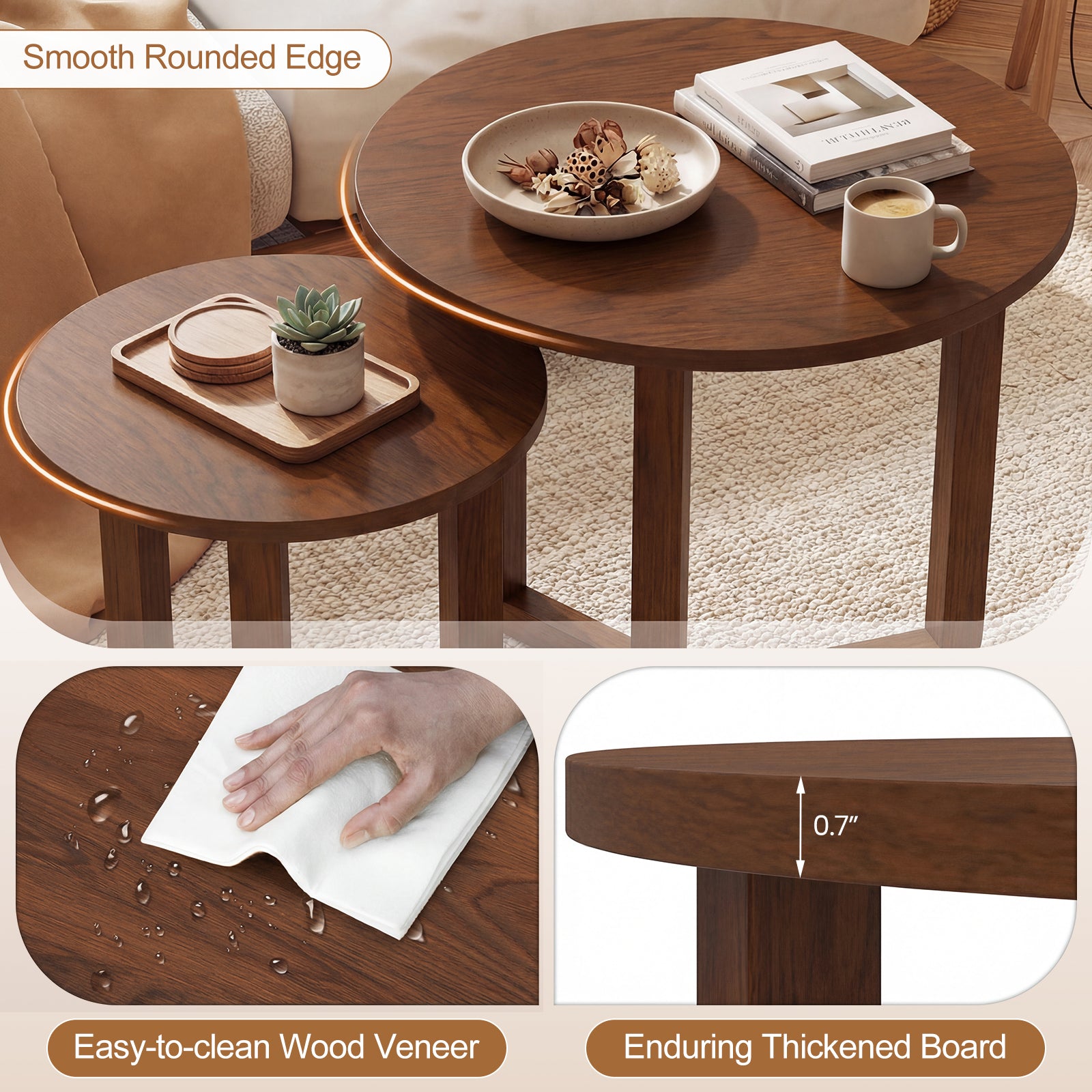 Round Nesting Coffee Table Set, 2 Wood End Tables, Thickened Top, Walnut Coffee Tables at Gallery Canada
