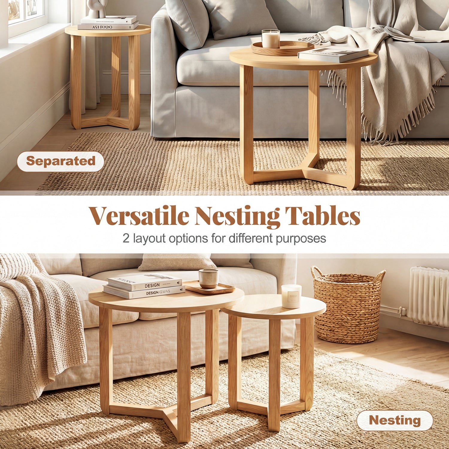 Round Nesting Coffee Table Set Of 2 Wood End Tables, Natural Coffee Tables at Gallery Canada
