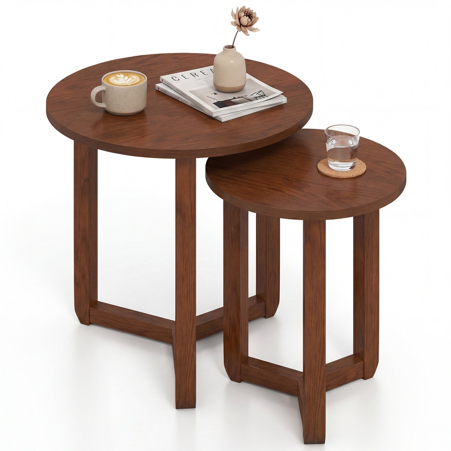 Round Nesting Coffee Table Set, 2 Wood End Tables, Thickened Top, Walnut Coffee Tables at Gallery Canada