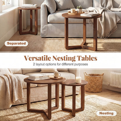Round Nesting Coffee Table Set, 2 Wood End Tables, Thickened Top, Walnut Coffee Tables at Gallery Canada