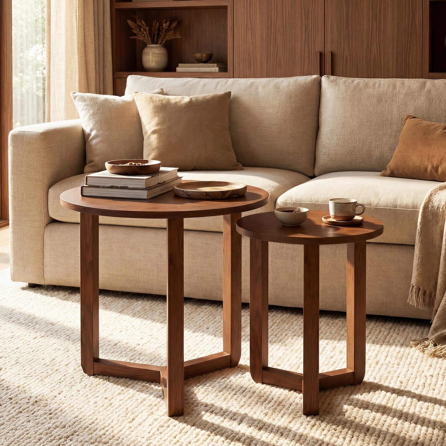 Round Nesting Coffee Table Set, 2 Wood End Tables, Thickened Top, Walnut Coffee Tables at Gallery Canada