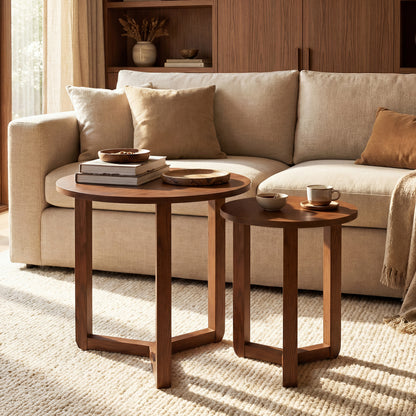 Round Nesting Coffee Table Set, 2 Wood End Tables, Thickened Top, Walnut Coffee Tables at Gallery Canada