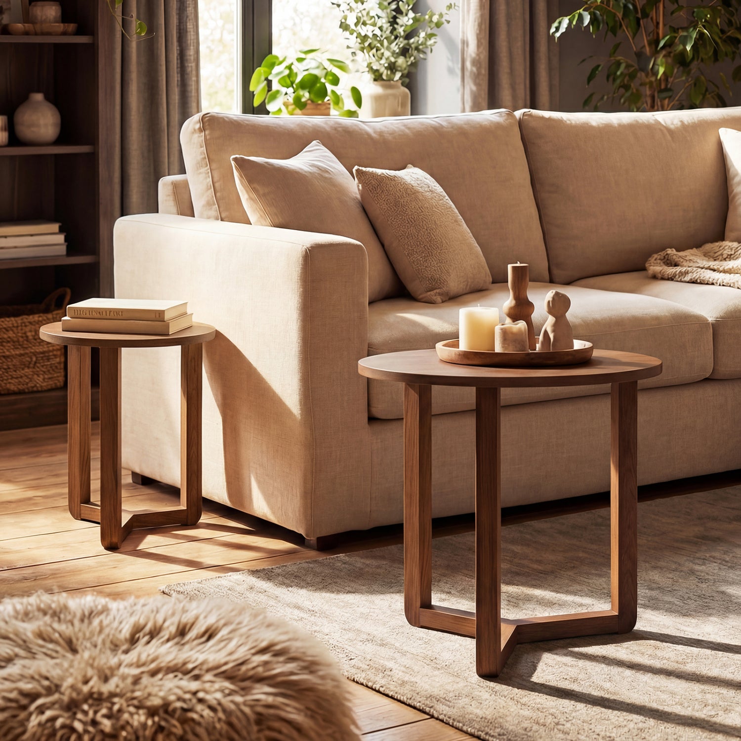 Round Nesting Coffee Table Set, 2 Wood End Tables, Thickened Top, Walnut Coffee Tables at Gallery Canada